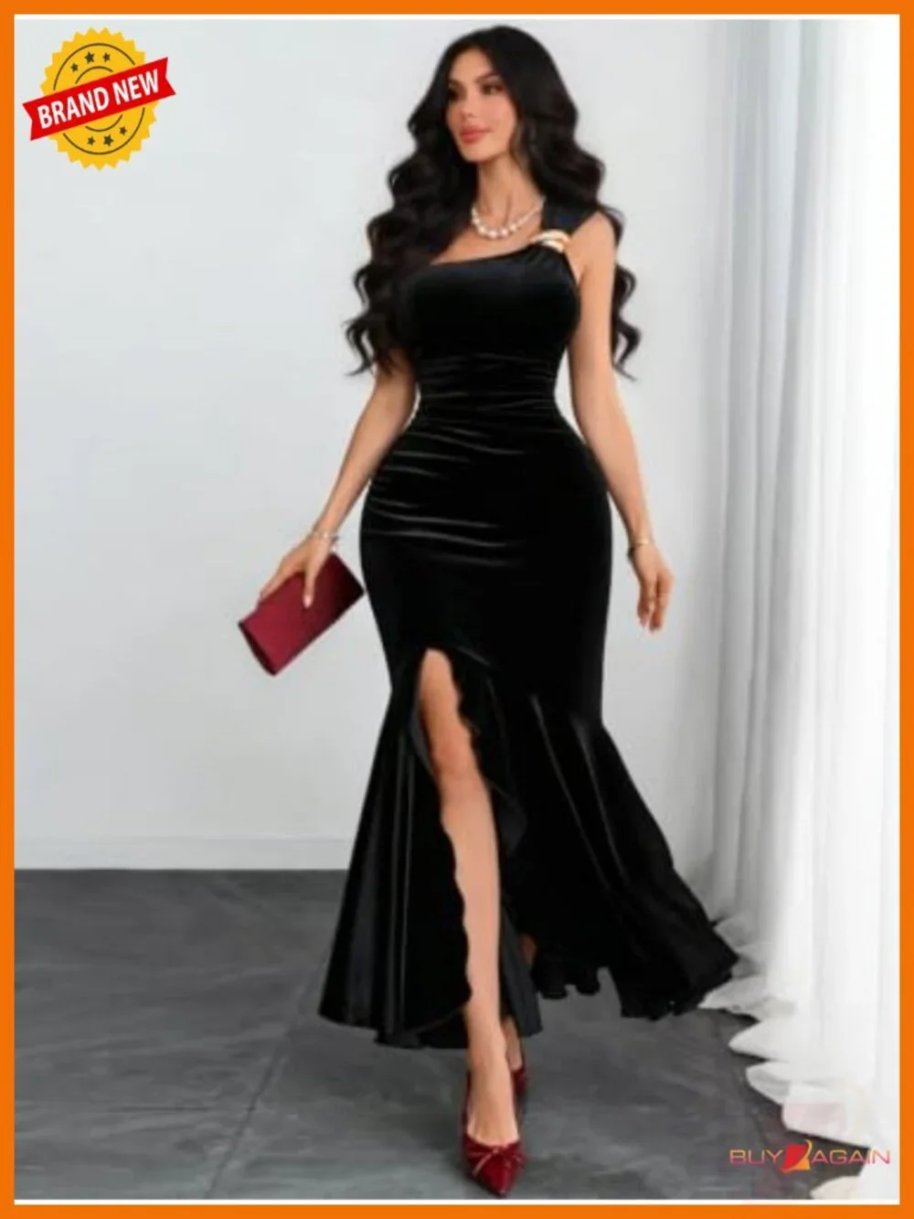 Velvet One Shoulder Maxi Prom Dress Mermaid Bodycon Slit